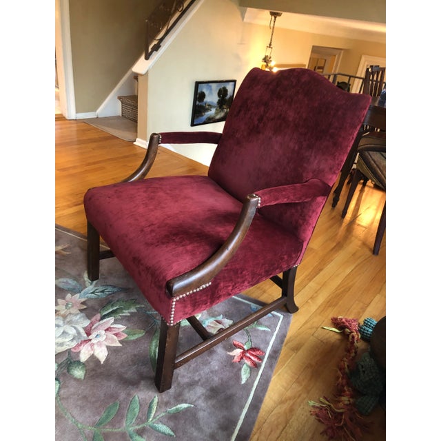 Large Plush Burgundy Velvet & Mahogany Martha Washington Club Chair For Sale In Philadelphia - Image 6 of 12