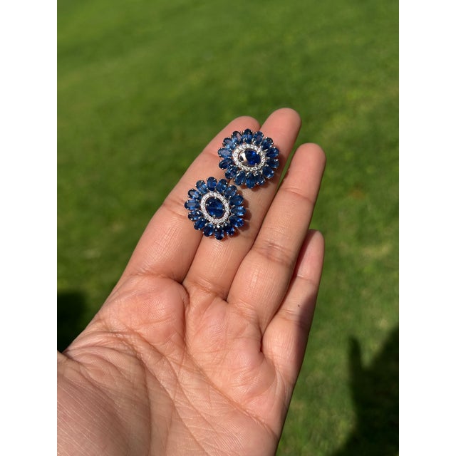 9.69ct Deep Blue Sapphire & Diamond Floral Halo Stud Earrings in 14k White Gold- A Pair For Sale In New York - Image 6 of 14