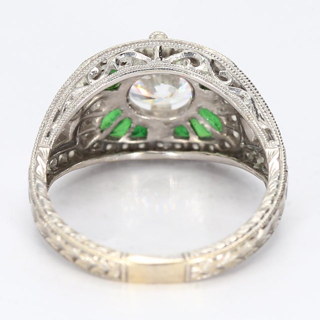 Contemporary 18k White Gold Antique Semi-Mount Ring Cz Center, Green Stone Accents & Filigree, Size 5.5 For Sale - Image 3 of 5