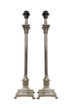 Corinthian Style Table Lamps in Nickel Plated Brass with Claw Feet, 1950s, Set of 2