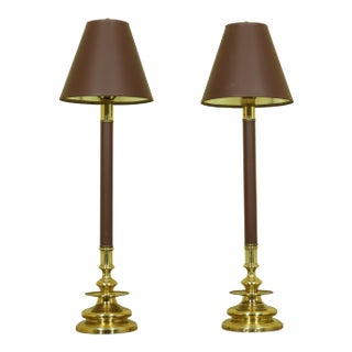 Brass Base Tall Table Lamps W. Shades - a Pair For Sale