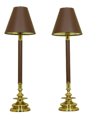 Brass Base Tall Table Lamps W. Shades - a Pair