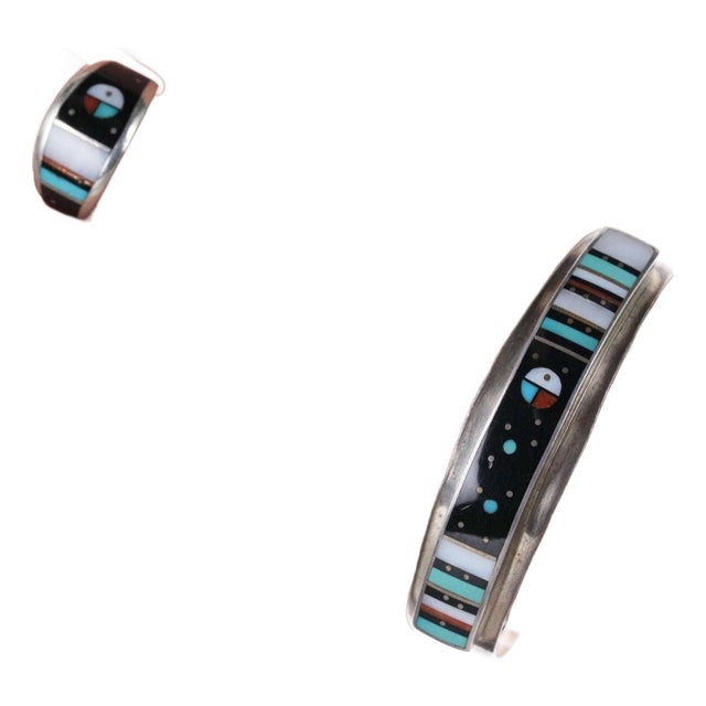 Harold Smith Native American Sterling, turquoise, coral, Jet, and shell inlay Br For Sale