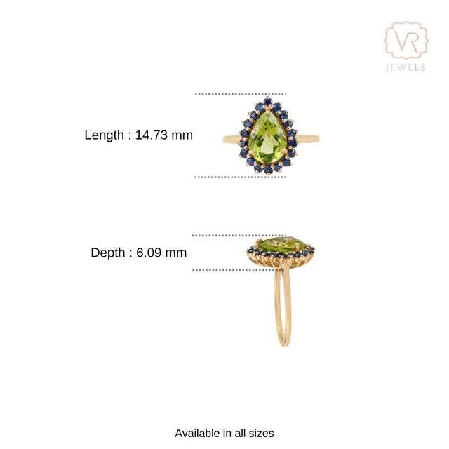 Peridot Blue Sapphire Halo Green 14k Gold Ring Size 7, Fine Jewelry by VRJewels For Sale - Image 11 of 18