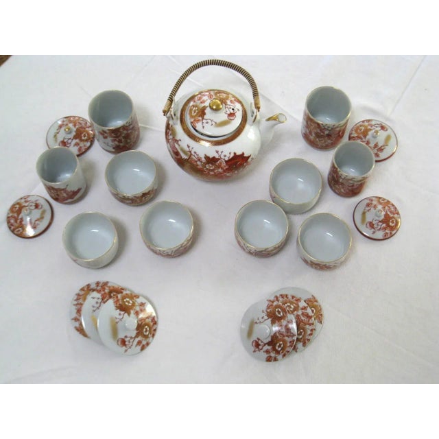 1950s Kutani Yaki Japanese Tea Set Red Peacock & Peonies Teapot With Lid, 10 Tea Cups/Saki Cups