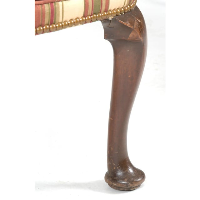 Early 20th Century Pair of Georgian Queen Anne Style Mahogany Upholstered Arm Chairs Damask Fabric For Sale - Image 9 of 11