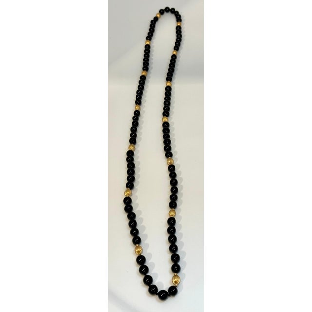 2020s Round Bead Black Onyx & 14 Karat Gold Bead Necklace For Sale - Image 5 of 8