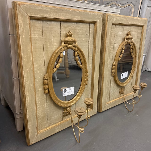 French Antique French Pair of Paneled Mirrored Sconces For Sale - Image 3 of 10