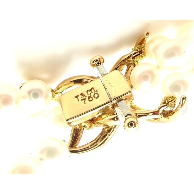 2000 - 2009 Tiffany & Co. 18k Yellow Gold Diamond 3 Strand Pearl Necklace For Sale - Image 5 of 10