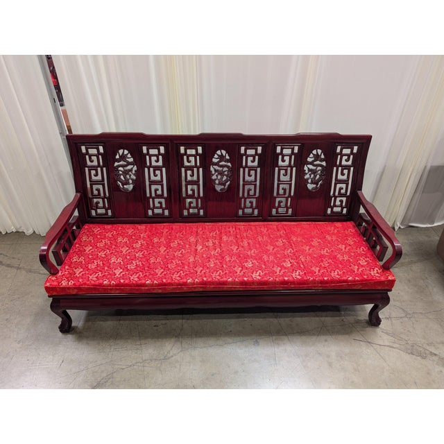 Vintage Chinese Rosewood Three-Seat Sofa With Hand-Carved Dragon Medallions and Red Silk Cushion For Sale - Image 9 of 11