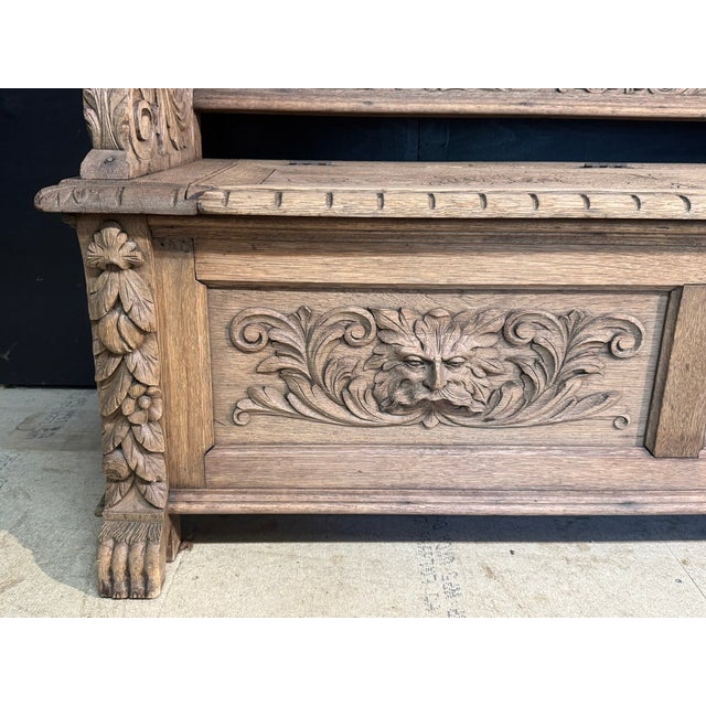Antique French Carved Oak Bench with Tavern Scene, 1850 For Sale - Image 15 of 18