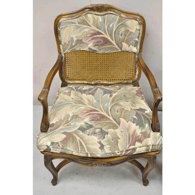 Mid 20th Century Vintage French Country Louis XV Style Upholstered Cane Lounge Arm Chairs - Pair For Sale - Image 5 of 12