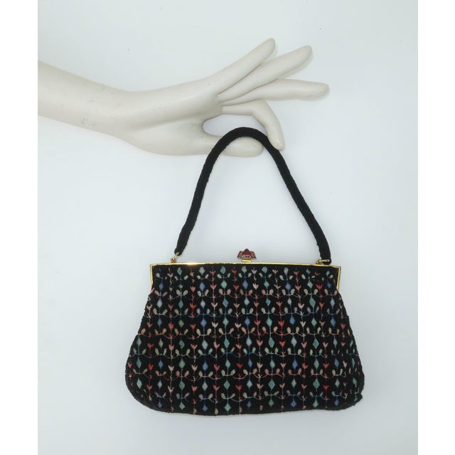 French Black Beaded Handbag With Floral Embroidery, 1950's For Sale - Image 12 of 12