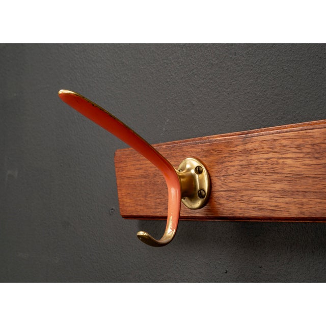 Oak Coat Rack with Brass Rods in Red, Black, and Gold, 1950s For Sale - Image 10 of 12