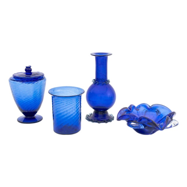 Murano Cobalt Blue Art Glass Articles, 4 For Sale