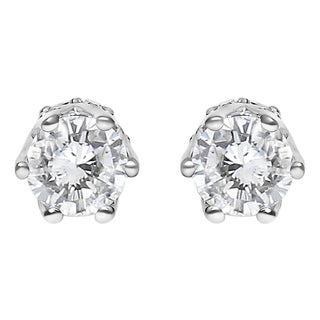 14K White Gold 1/2 Cttw Round Diamond 6 Prong Crown Stud Earrings (I-J Color, I1-I2 Clarity) For Sale