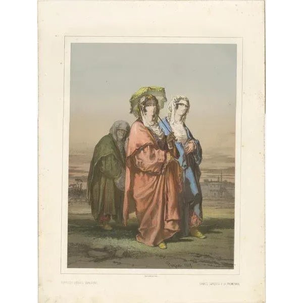 Antique print titled 'Turkish Ladies walking - Dames Turques a la Promenade'. Chromolithographed plate of Turkish ladies...