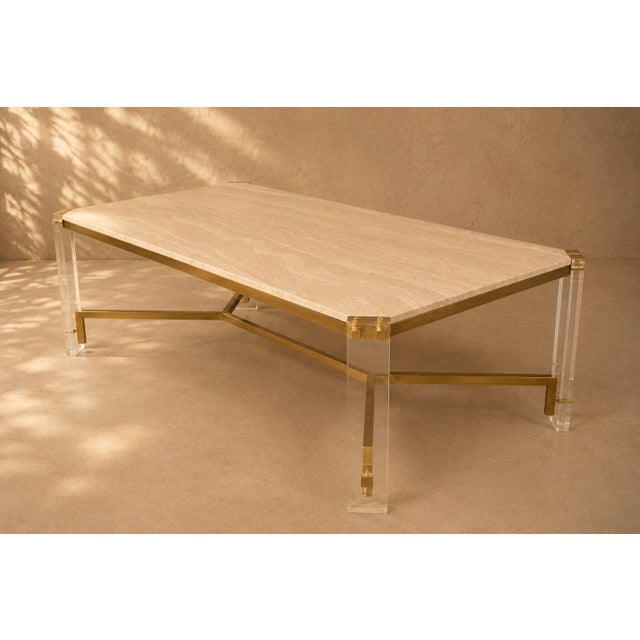 Dining Table in Travertine, Gold-Tone Metal and Acrylic Glass, 1970s For Sale - Image 4 of 18