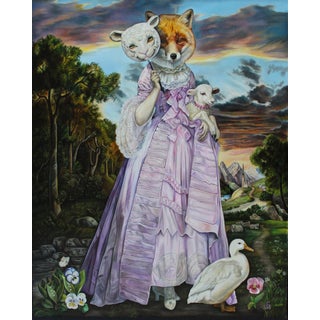 The Unknown Maiden by Claudia Griesbach-Martucci | Oil on board Woman in a dress with animal masks and a lamb. For Sale