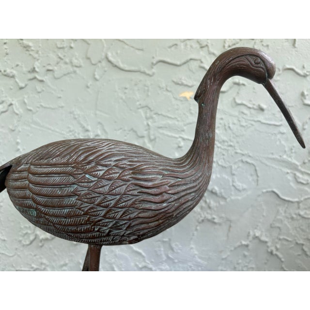 Metal Pair of Vintage Bronze Patina Crane Sculptures in Complementary Poses For Sale - Image 7 of 12