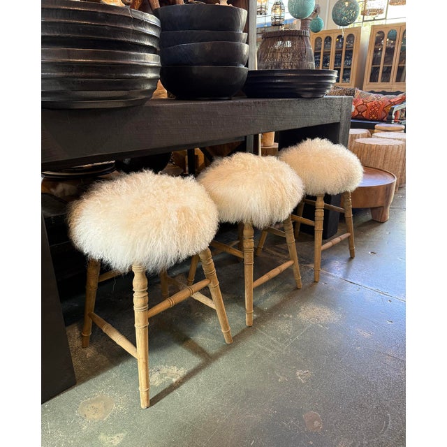 Wood White Mohair & Oak Modern Counter Stool For Sale - Image 7 of 8