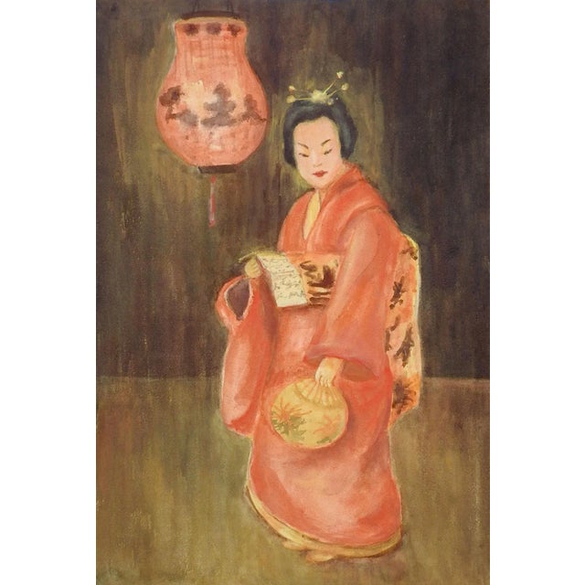 Japanese Vintage Japanese Woman Gouache Painting For Sale - Image 3 of 3