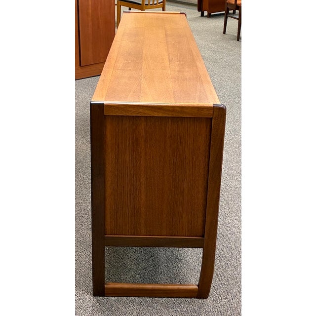 Mid Century Modern Teak Credenza c.1960 UK Import - Beautiful New Finish - Elongated Hardware - Sleigh Leg End Cabinets...