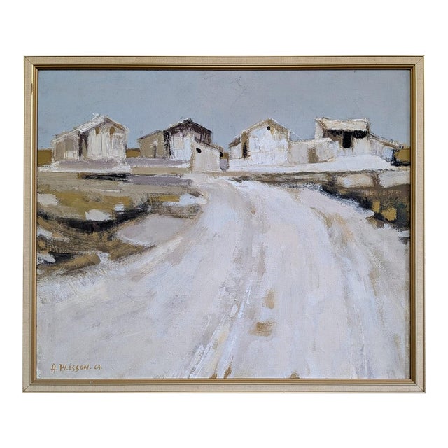 1964 Mid-Century Modern 'Beyond the White Road' Swedish Abstract Landscape Oil Painting, Framed For Sale