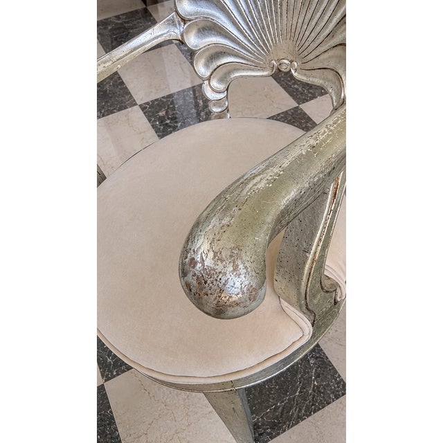 Late 20th Century Hollywood Regency Silver Leaf Shell Back Armchairs in Brunschwig & Fils Velvet – Pair For Sale - Image 12 of 13