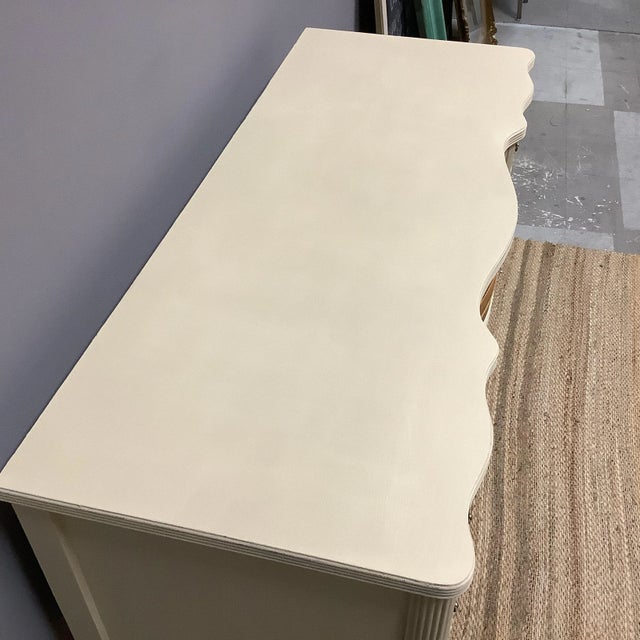 Wood Vintage Painted French Desk Creamy Beige Wood Tones Gold Accents 5 Drawers For Sale - Image 7 of 11