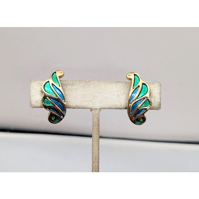 Napier Vintage 1960s Signed Napier Green & Blue Enamel Feather Clip Earrings-2 Pieces For Sale - Image 4 of 8