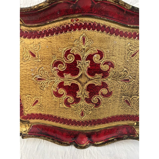 Vintage Ornate Italian Burgundy & Gold Florentine Tray For Sale - Image 4 of 6