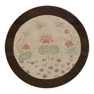 1920s Ivory Dragonfly Antique Round Chinese Art Deco Carpet 3' X 3' Knotted Wool Rug For Sale