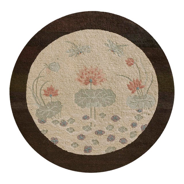 1920s Ivory Dragonfly Antique Round Chinese Art Deco Carpet 3' X 3' Knotted Wool Rug For Sale