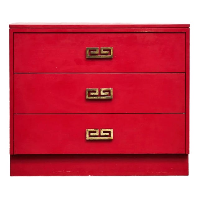 Mid-Century Modern Hollywood Regency Red Three Drawer Chest For Sale