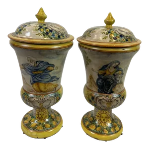 1990s Italian Ivory, Yellow & Blue Color Hand-Painted Ceramic Urns - a Pair