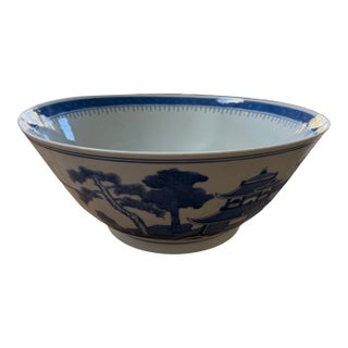 Large Chinese Export Porcelain Canton Blue and White Centerpiece Punch Bowl For Sale