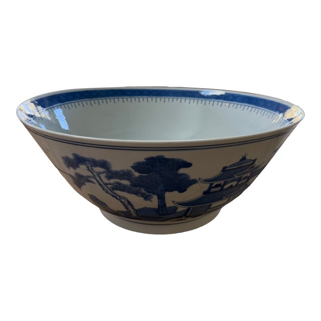 Large Chinese Export Porcelain Canton Blue and White Centerpiece Punch Bowl For Sale
