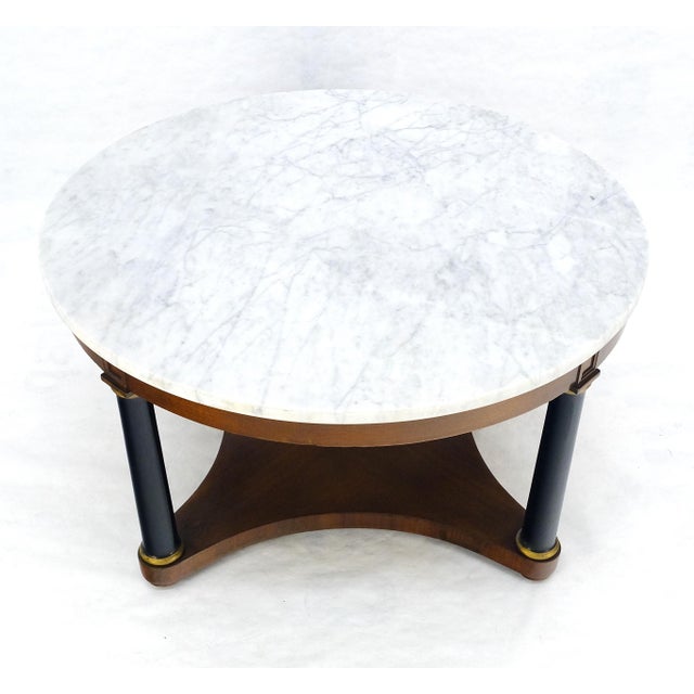 MINT Round Marble Top Neoclassical Black Lacquer Pedestal Style Leg Coffee Table