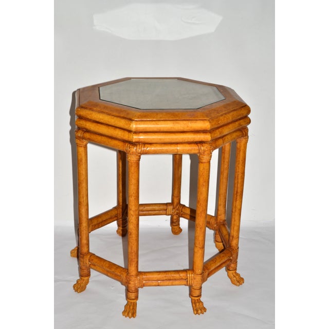 McGuire 1980s McGuire Style Octagonal Bamboo Burl Veneer Leather Bindings Glass Accent Table For Sale - Image 4 of 12