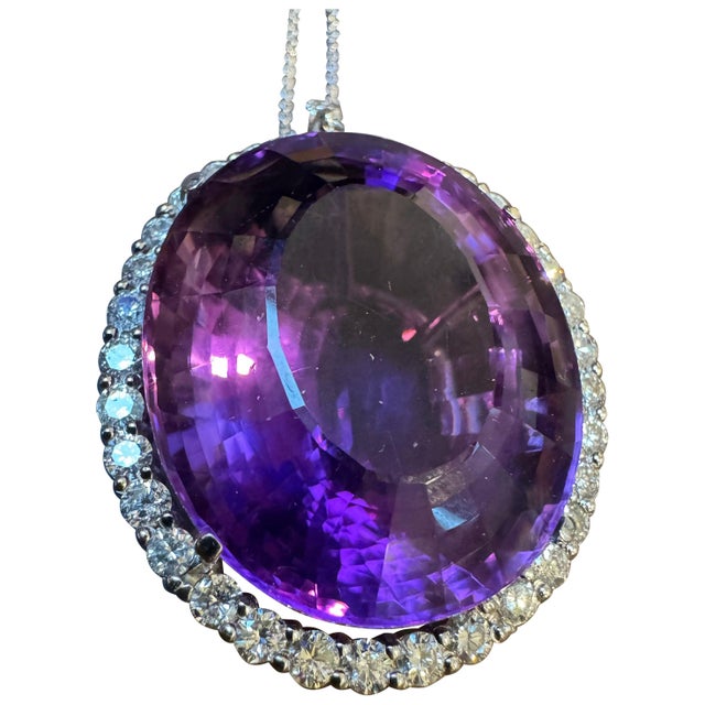 80 Carat Amethyst & 3.5 ct Diamond Pendant Necklace 14 Karat White Gold + Chain For Sale - Image 9 of 18