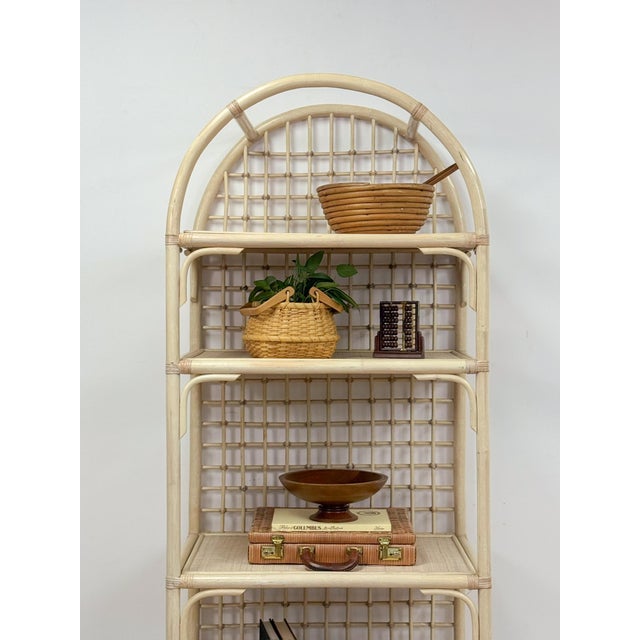 Vintage Arched Blonde Rattan Lattice Etagere Coastal Boho Hollywood Regency For Sale - Image 10 of 16