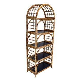 Coastal British Colonial Style Tortoise Bamboo Etagere Bookcase Shelf Arched For Sale