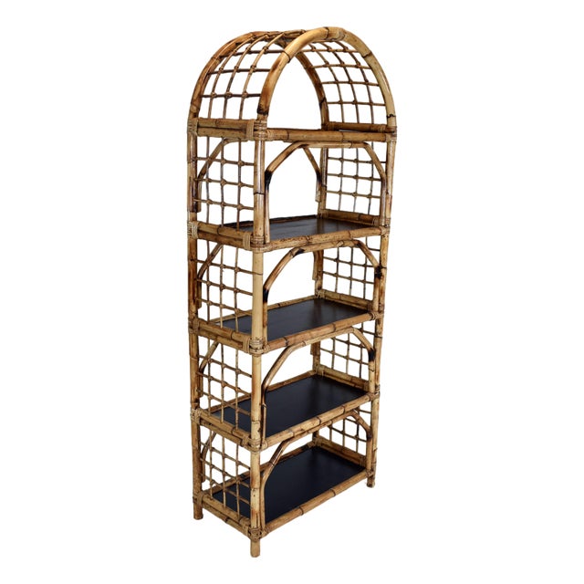 Coastal British Colonial Style Tortoise Bamboo Etagere Bookcase Shelf Arched For Sale