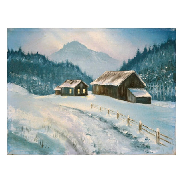 Paint Snowy Farm - Vintage Winter Cabin Landscape For Sale - Image 7 of 7