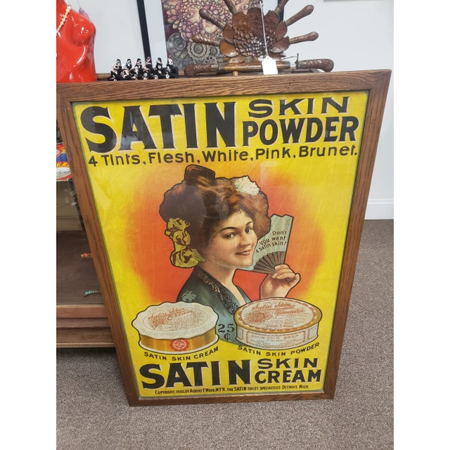 Original, 1903, Art Nouveau, Framed With Glass, Satin Skin Powder & Skin Cream Advertising Lithograph Poster. Measures...