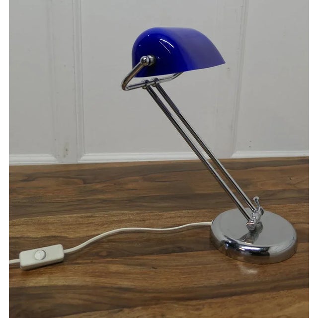 Mid Century Cobalt and Chrome Glass Library Desk Lamp A beautiful quality fully adjustable Banker’s or Barrister’s desk...