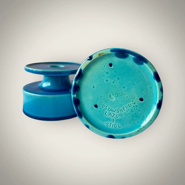 Mid-Century Modern Pair of Vintage Lazur Candle Holders by Stig Lindberg for Gustavsberg For Sale - Image 3 of 3