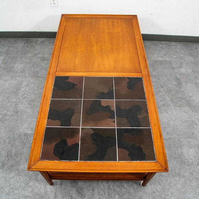 Heritage Mid Century Modern Coffee Table Heritage Shelf Tile Walnut Wood Wide Vintage MCM For Sale - Image 4 of 12