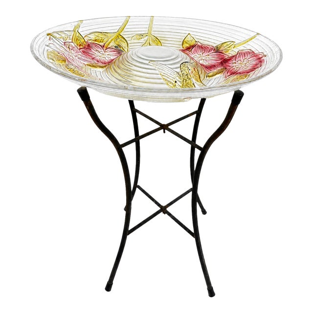 Glass Hummingbird Birdbath With Metal Stand For Sale